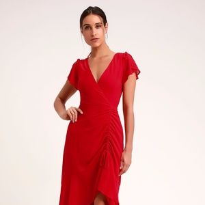 Lulu's - Red Ruched High-Low Midi Dress